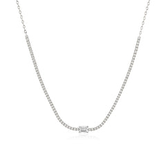 Half lab-grown diamond tennis necklace with solitaire diamond of emerald shape in 14K yellow gold