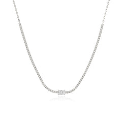 Half lab-grown diamond tennis necklace with solitaire diamond of radiant shape in 14K yellow gold