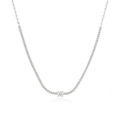 Half lab-grown diamond tennis necklace with solitaire diamond of oval shape in 14K yellow gold