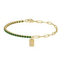 Half tennis with emerald, half paperclip chain charm bracelet in 14K yellow gold, size 6.75 (Design 5)