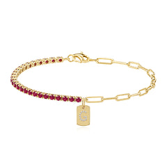 Half tennis with ruby, half paperclip chain charm bracelet in 14K yellow gold, size 6.75 (Design 4)