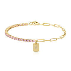 Half tennis with pink sapphire, half paperclip chain charm bracelet in 14K yellow gold, size 6.75 (Design 3)