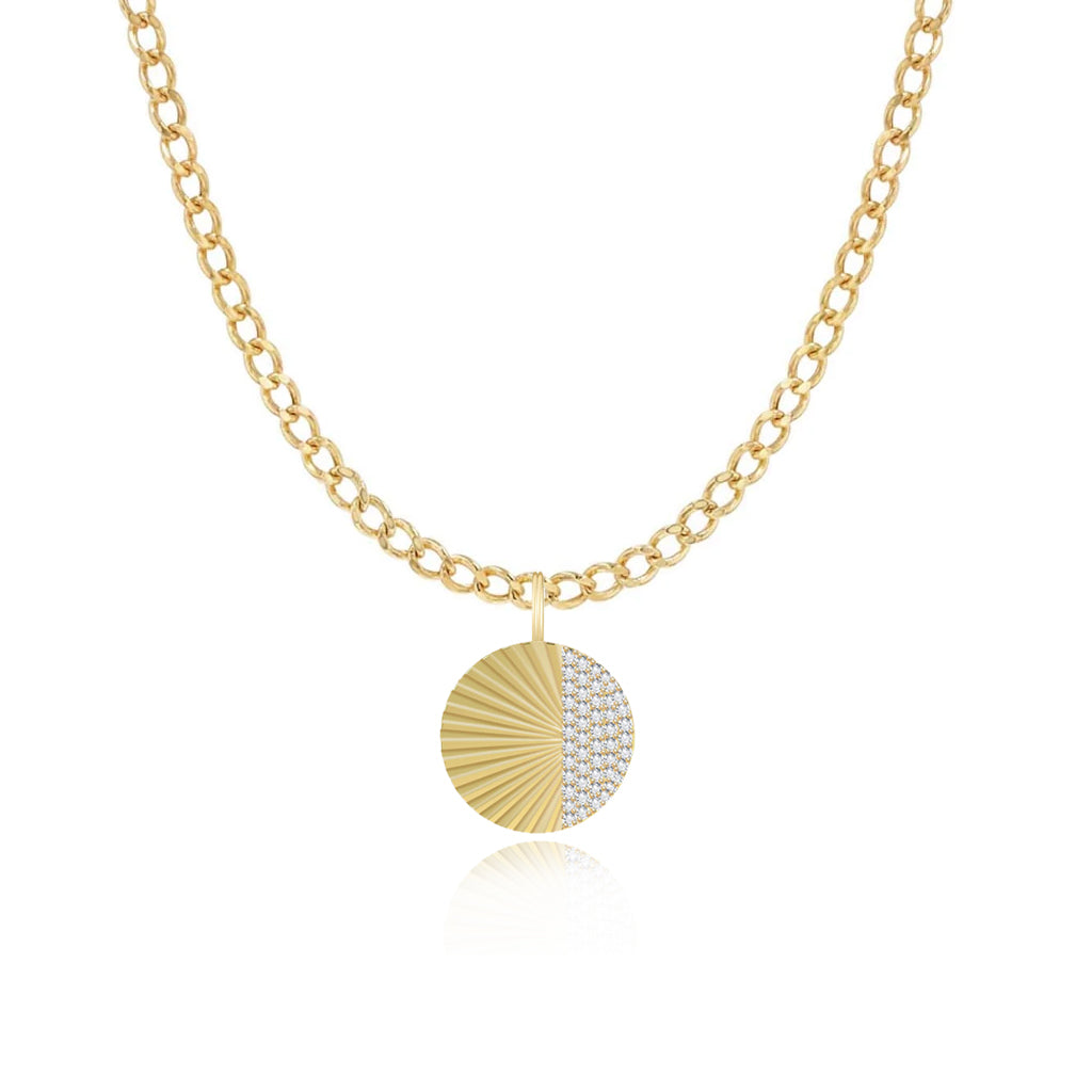 Fluted Side Pave Round Charm Cuban Necklace