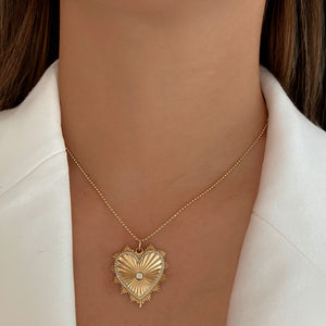 Gold Striped Pave Heart Medallion Charm