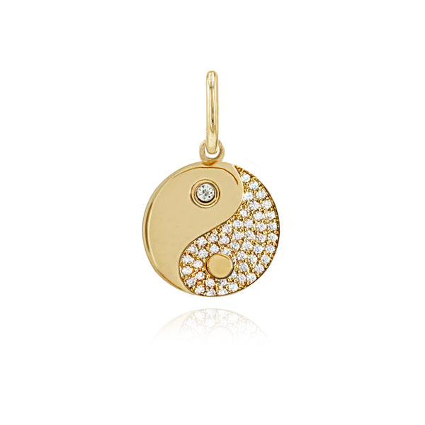 Mini pavé ying yang charm in 14k gold, elegant symbolism meets luxury fine jewelry.