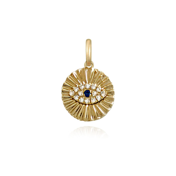 Mini evil eye fluted charm in 14k gold, a protective symbol in luxury fine jewelry.