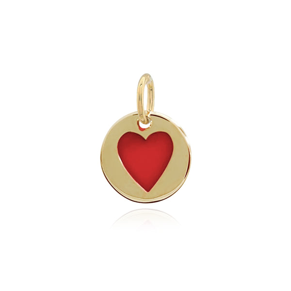 Mini enamel heart round plate charm in 14k gold, perfect for custom and romantic jewelry looks.