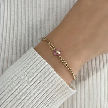 Load image into Gallery viewer, Puffy Gold Heart Gemstone Half Cuban &amp; Paperclip Bracelet
