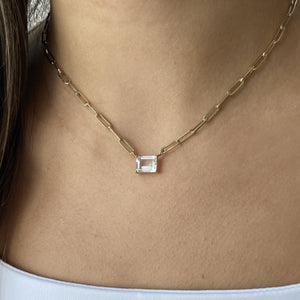 White Topaz Emerald Cut Paperclip Necklace