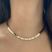 Load image into Gallery viewer, Large Five Solitaire Diamonds Golden Square Necklace
