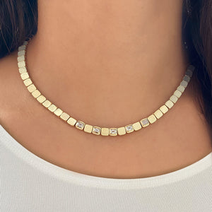 Large Five Solitaire Diamonds Golden Square Necklace