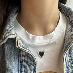 Large fluted outline stone heart pendant necklace in 14K white gold, black onyx stone for women