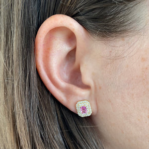 Double Halo Gemstone Emerald Cut Earrings