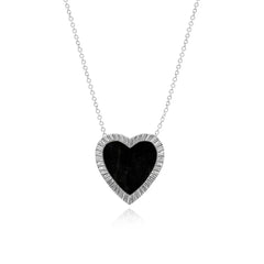 Large fluted outline stone heart pendant necklace in 14K white gold, black onyx stone