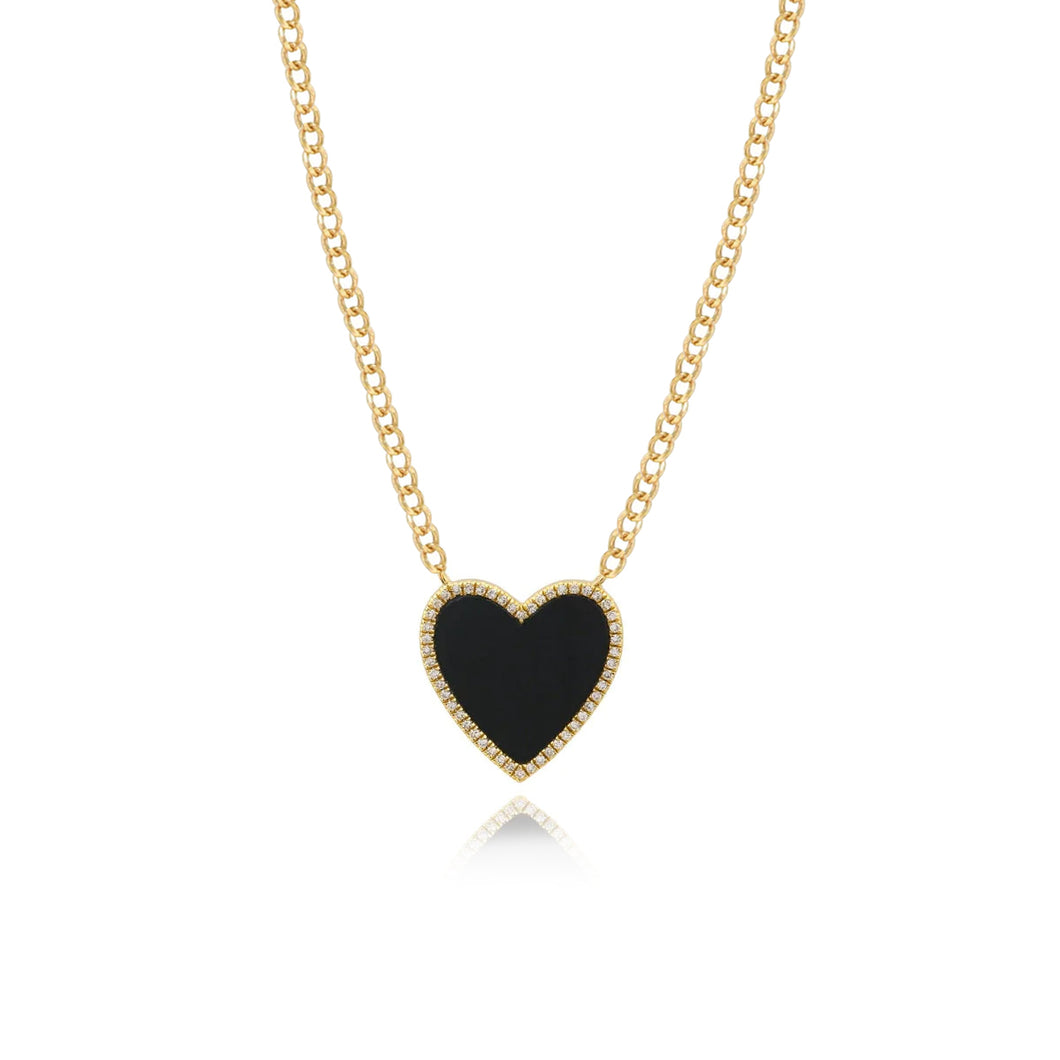 Large Pave Outline Black Onyx Heart Cuban Necklace