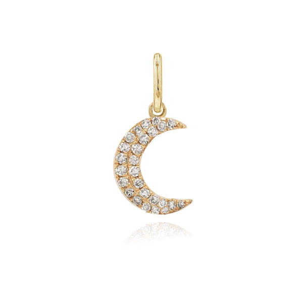 Mini pavé moon charm in 14k gold, celestial elegance for personalized fine gold jewelry lovers.