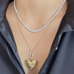 Ribbed Pave Heart Clasp Necklace