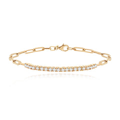 Paperclip-centered diamond tennis bracelet in 14k gold, stylish fine jewelry with modern appeal.