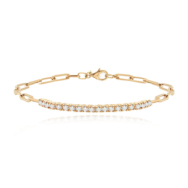 Paperclip-centered diamond tennis bracelet in 14k gold, stylish fine jewelry with modern appeal.