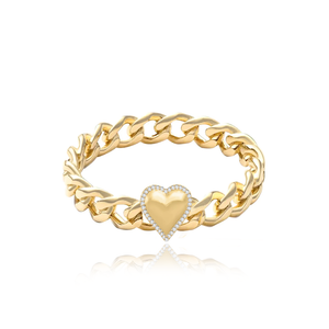 Puffy Gold Heart Pave Outline Cuban Ring