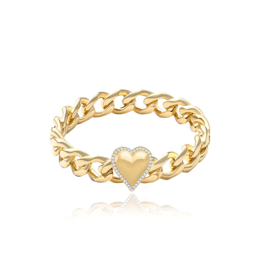 Puffy Gold Heart Pave Outline Cuban Ring