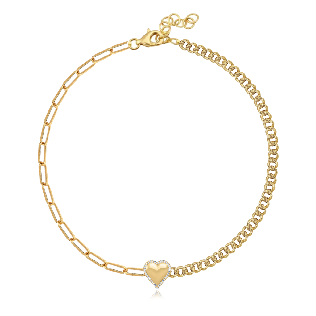 Puffy Gold Gemstone Heart Half Cuban & Paperclip Bracelet