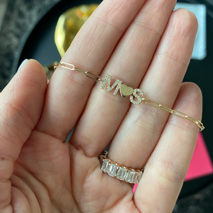 Two Pave Initials and Gold Charm Paperclip Bracelet