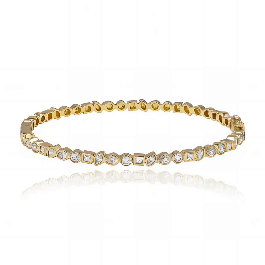 Multi shape bezel diamond bangle in 14k gold, exquisite blend of luxury and dainty design.