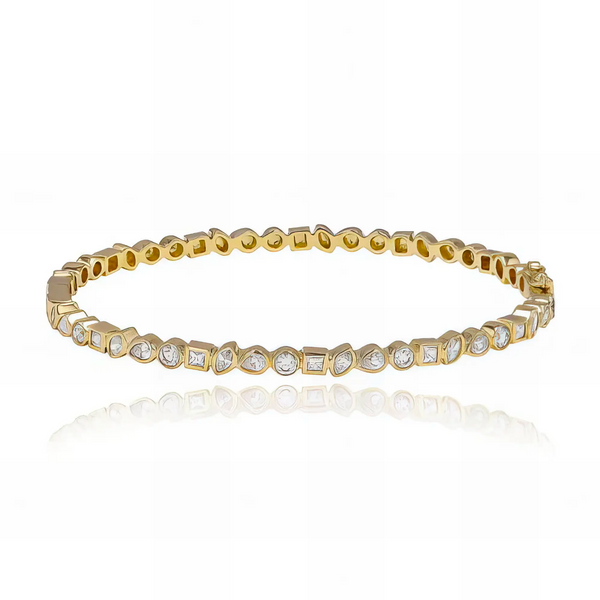 Multi shape bezel diamond bangle in 14k gold, exquisite blend of luxury and dainty design.