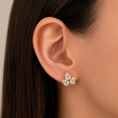 Three-stone lab pear diamond stud earrings for women in 14K yellow gold
