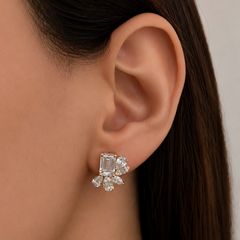 Emerald-cut and mixed-shape lab-grown diamond cluster earrings for women in 14K yellow gold