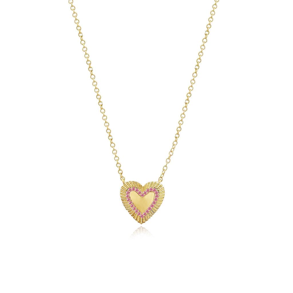 Small Fluted Pink Sapphire Outline Heart Necklace