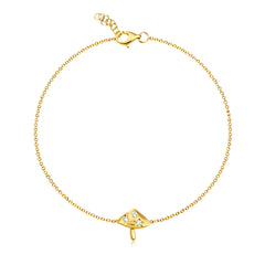 Whimsical small scattered mushroom bracelet in 14k gold, playful fine jewelry, luxury dainty everyday jewelry piece.