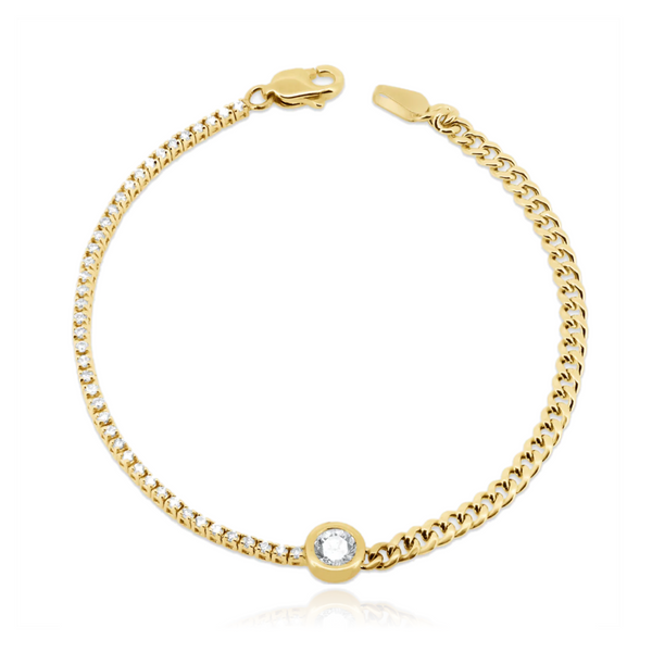 Solitaire diamond half tennis half Cuban bracelet in 14k gold, bold fine jewelry statement.