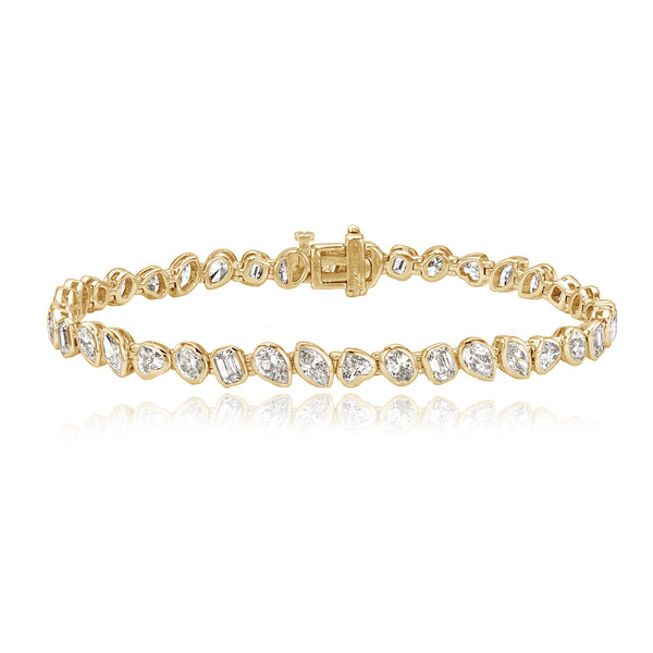 Multi shape bezel diamond tennis bracelet in 14k gold, sparkling luxury gold jewelry design.