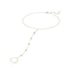 Five Bezel Multi Shape Diamond Hand Chain in 14k gold, luxurious and delicate fine jewelry design.