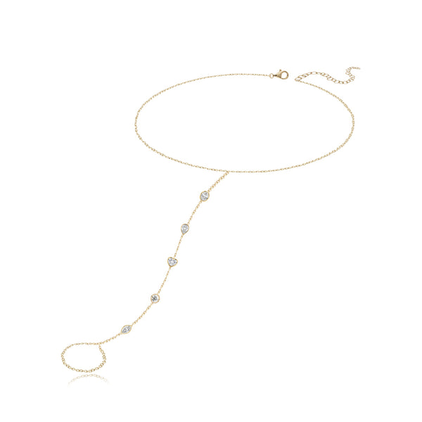Five Bezel Multi Shape Diamond Hand Chain in 14k gold, luxurious and delicate fine jewelry design.