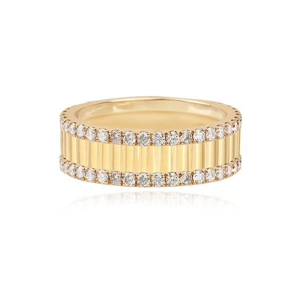 Thick Fluted Gold Band with Pave Border Wedding Ring