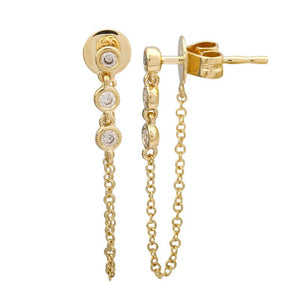Three Bezel Diamonds Chain Earring- 14k Yellow Gold