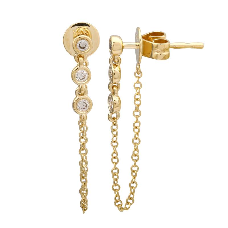 Three Bezel Diamonds Chain Earring- 14k Yellow Gold