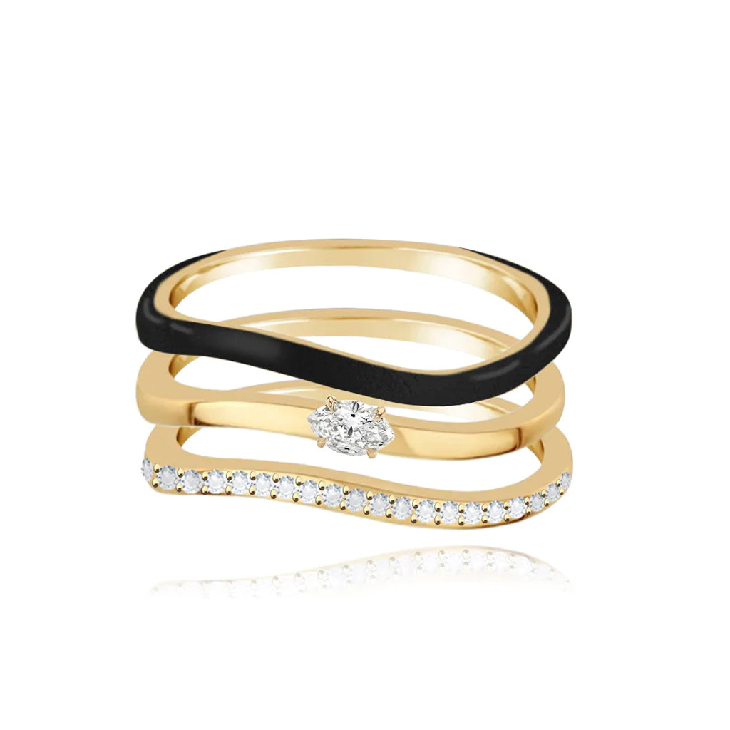 Three Line and Enamel Pave Solitaire Diamond Ring