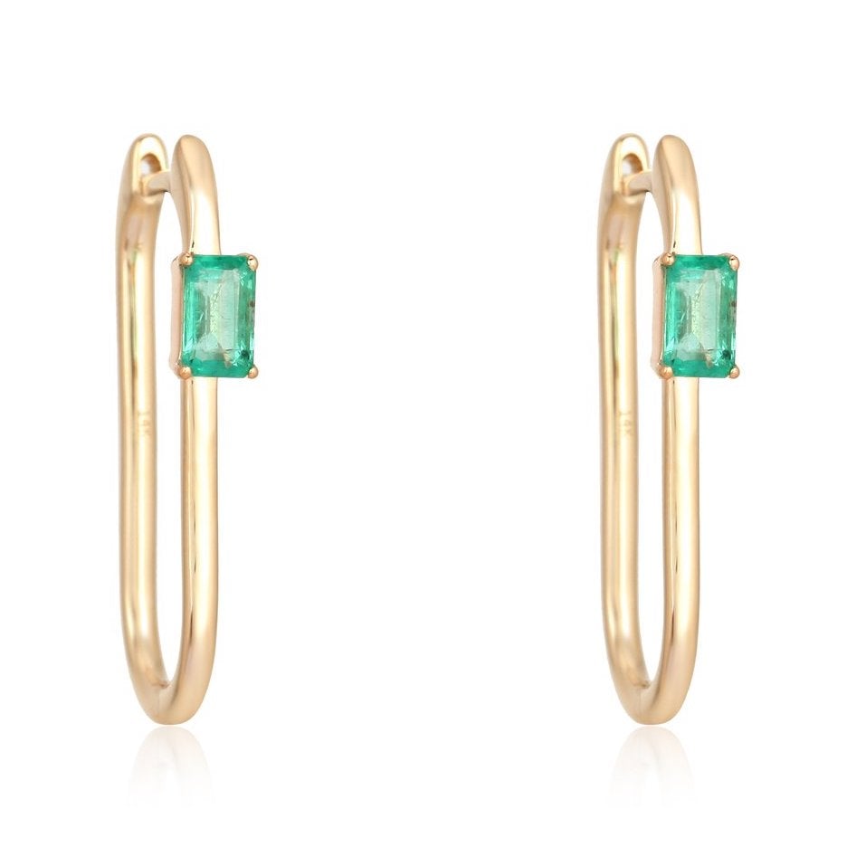 Solitaire Emerald Thin Gold Hoops - Yellow Gold