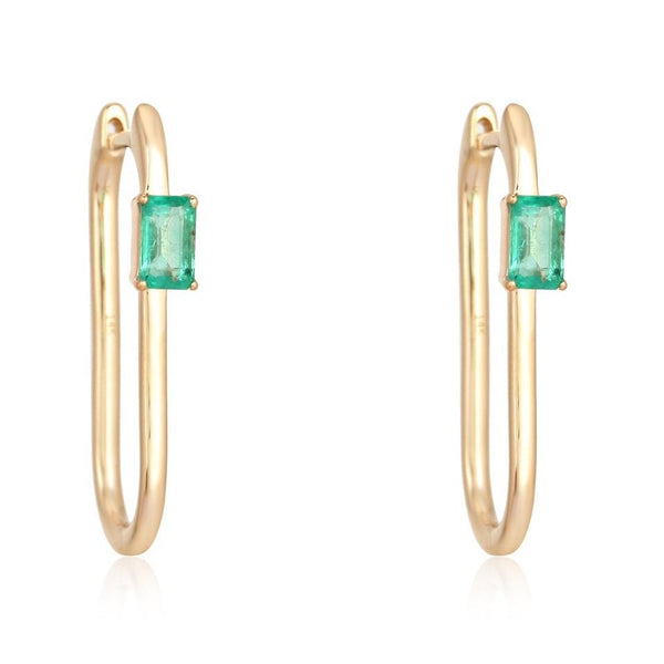 Solitaire Emerald Thin Gold Hoops - Yellow Gold