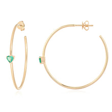 Load image into Gallery viewer, Solitaire Emerald Heart Gold Hoops
