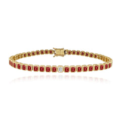 Solitaire diamond gemstone bezel emerald tennis bracelet in 14k gold, colorful custom fine jewelry design.