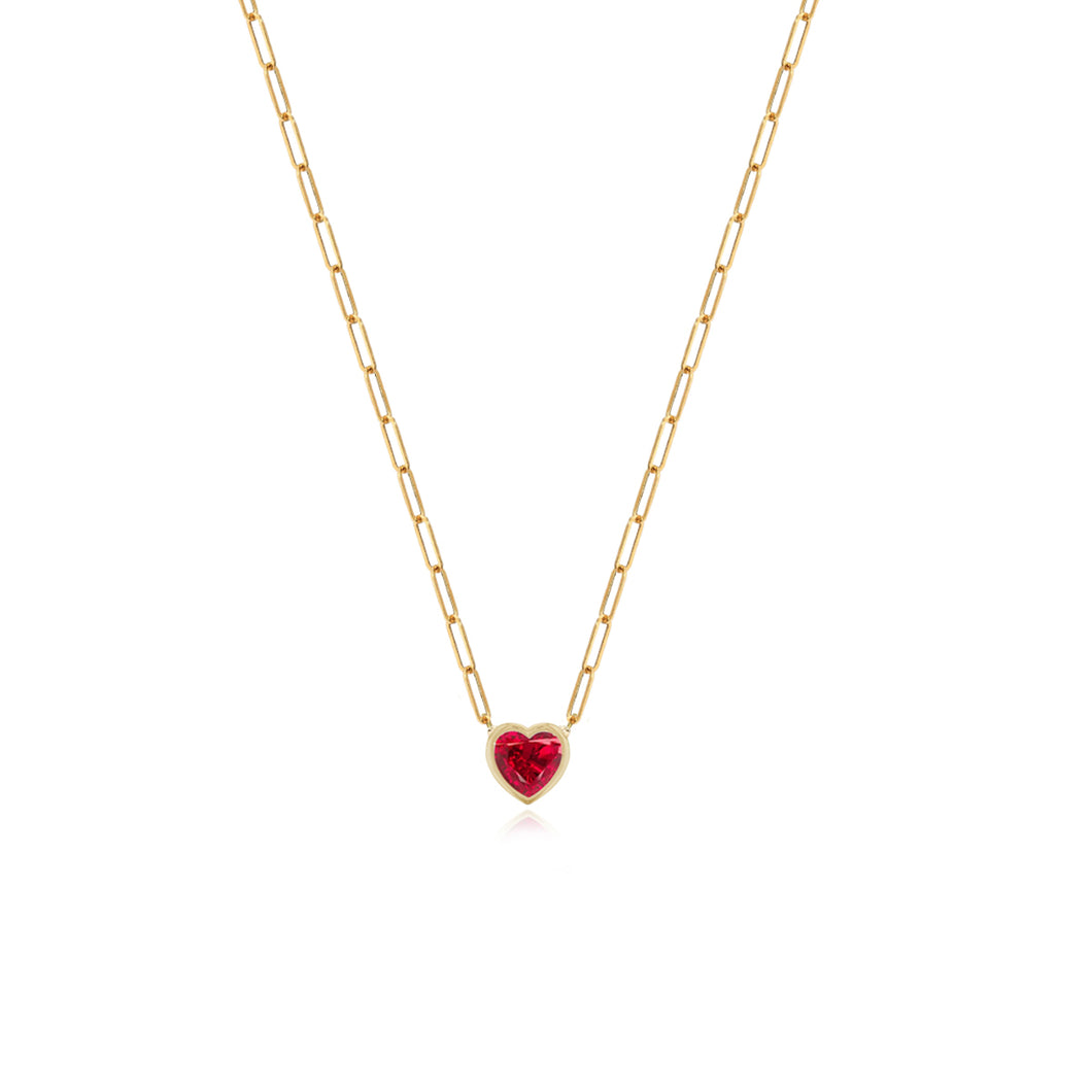 Solitaire Bezel Gemstone Heart Paperclip Necklace
