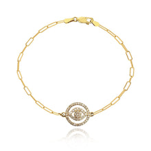 Load image into Gallery viewer, Round Cutout Pave Evil Eye Paperclip Bracelet
