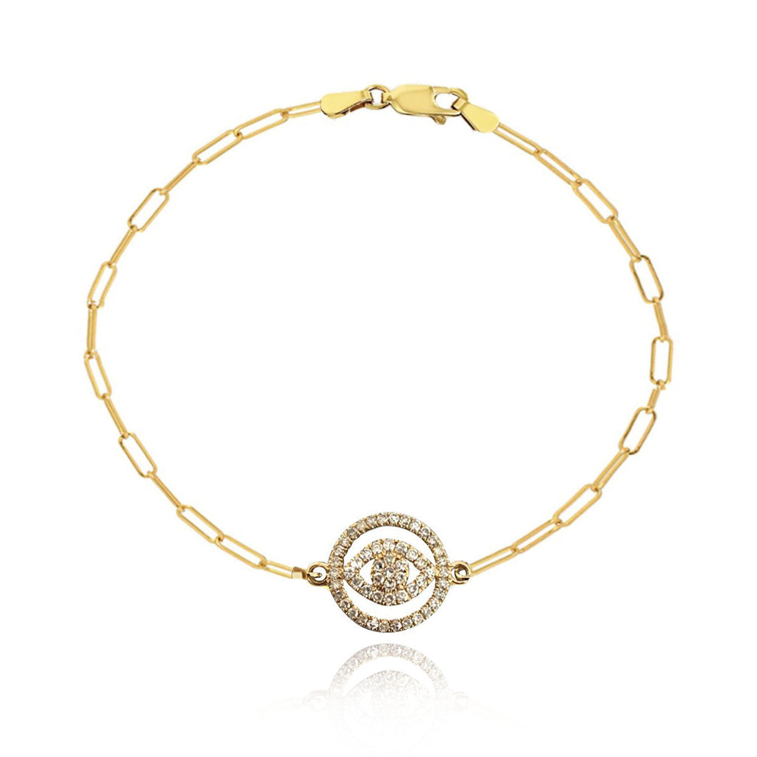 Round Cutout Pave Evil Eye Paperclip Bracelet