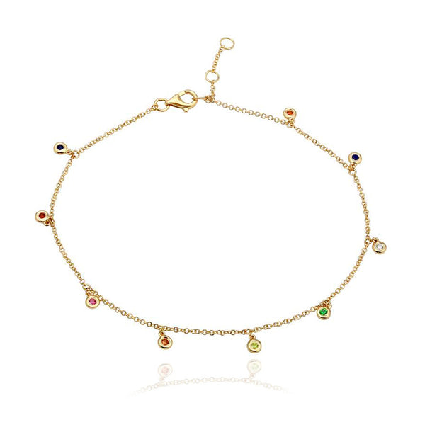 Dangling rainbow bezel anklet in 14k gold, vibrant and colorful touch to luxury jewelry