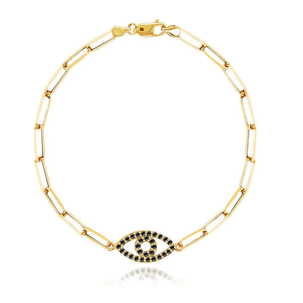Small gemstone evil eye cutout paperclip bracelet in 14k gold, fine jewelry online.